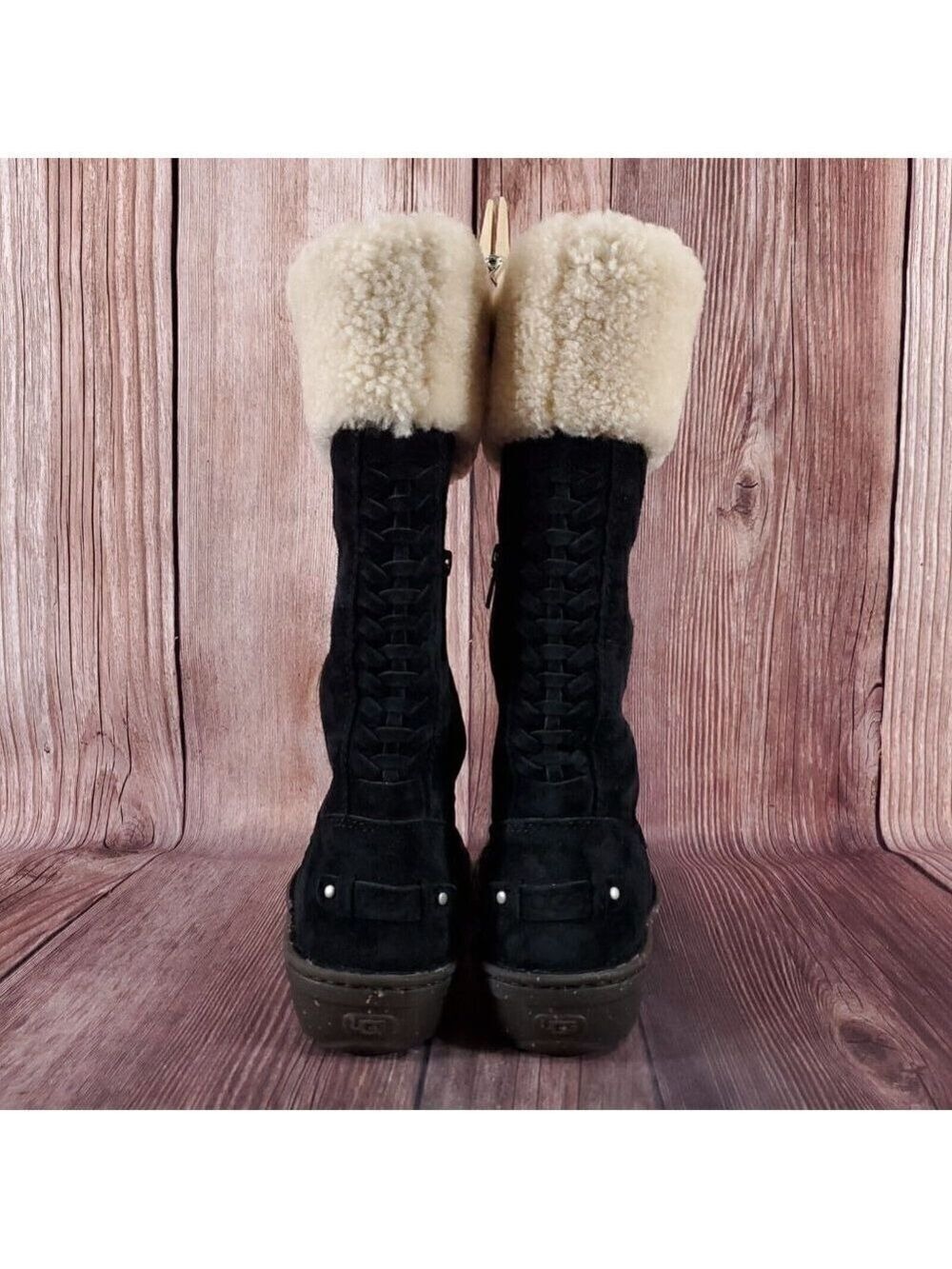 Ugg Karyn Womens Sz 7 Black Suede Leather Mid Calf Cuff Shearling Boots 1005449 - Picture 11 of 16